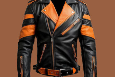 Men’s Orange Black Leather Jacket by BFI Leathers
