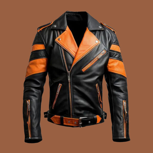 Men’s Orange Black Leather Jacket by BFI Leathers