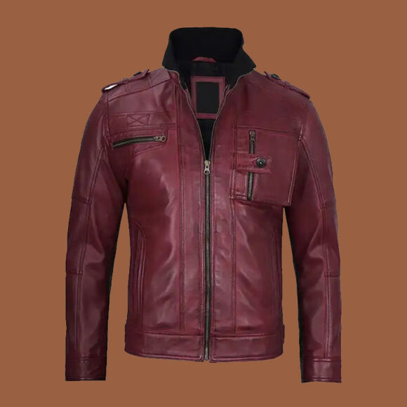 Men's Maroon Waxed Biker Leather Jacket
