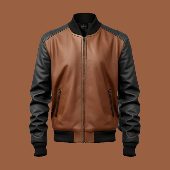 Men's Brown and Black Bomber Leather Jacket