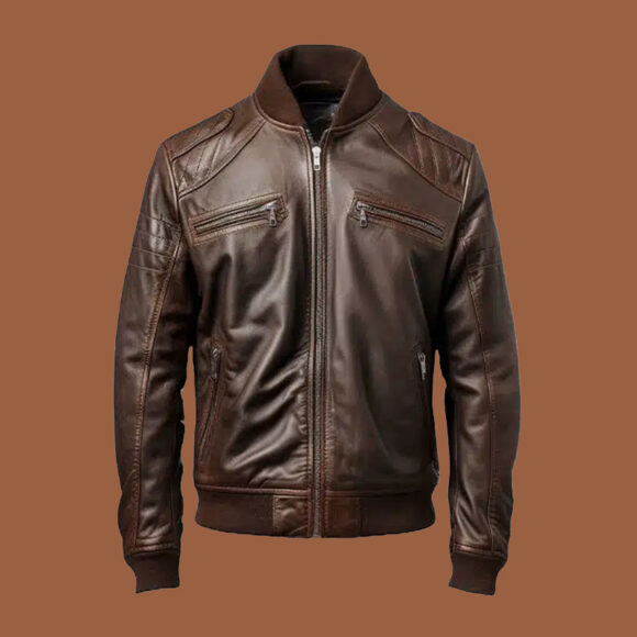 Men's Dark Brown Leather Bomber Jacket