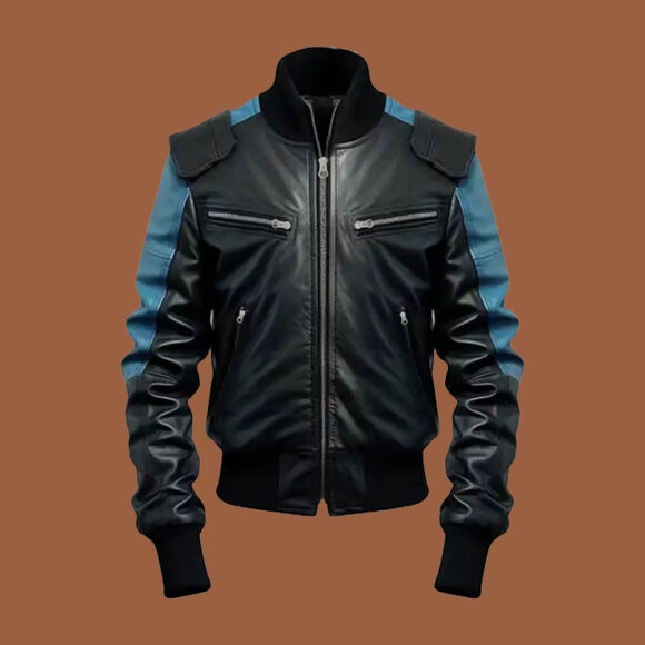Men's Black & Blue Bomber Leather Jacket