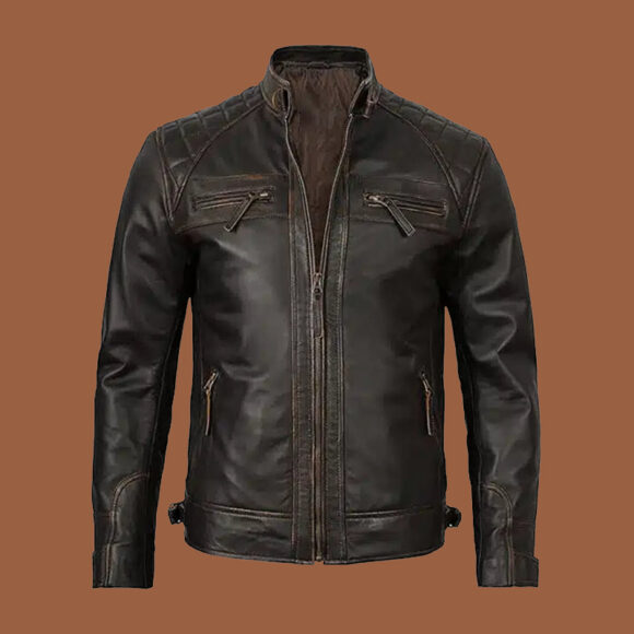 Men's Cafe Racer Distressed Brown Leather Jacket