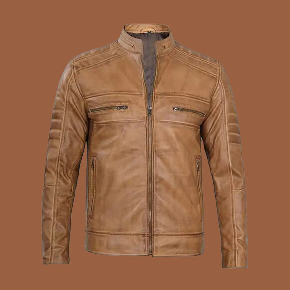 Men's Tan Rust Brown Leather Biker Jacket