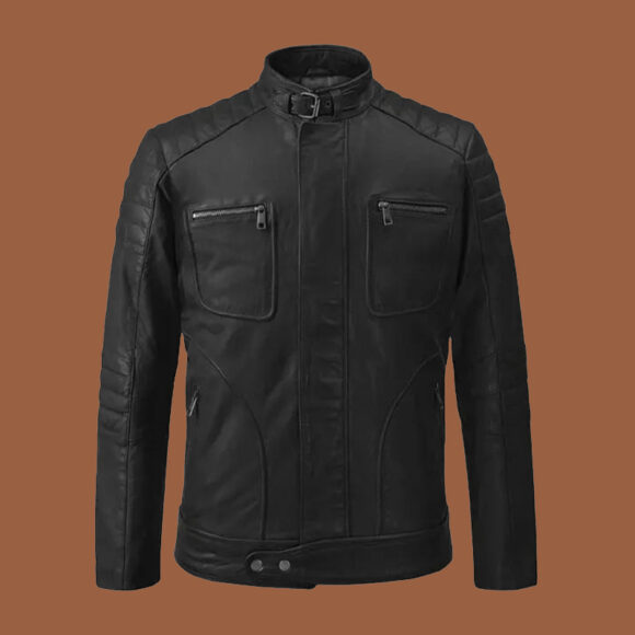 Men’s Quilted Shoulder Black Cafe Racer Leather Jacket