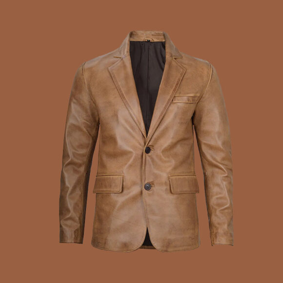Men's Camel Brown Leather Blazer Jacket