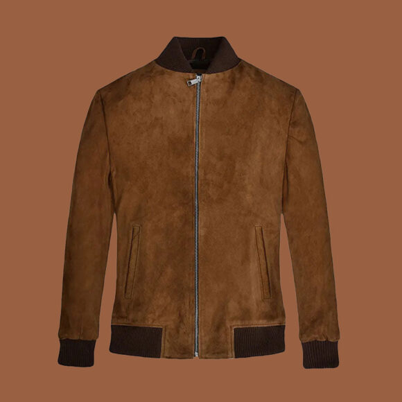 Men’s brown biker leather jacket with white racing stripes