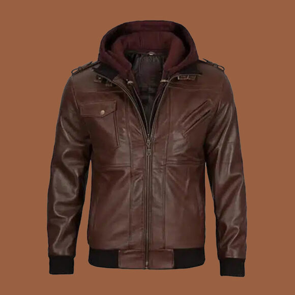 Men's Dark Brown Leather Bomber Jacket With Hood