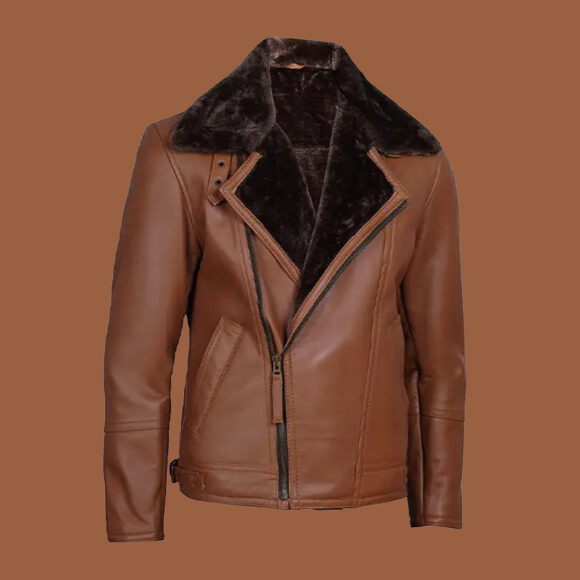 Men's Cognac Leather Shearling Moto Jacket