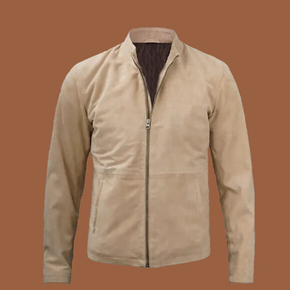 Men's Beige Cafe Racer Suede Leather Jacket