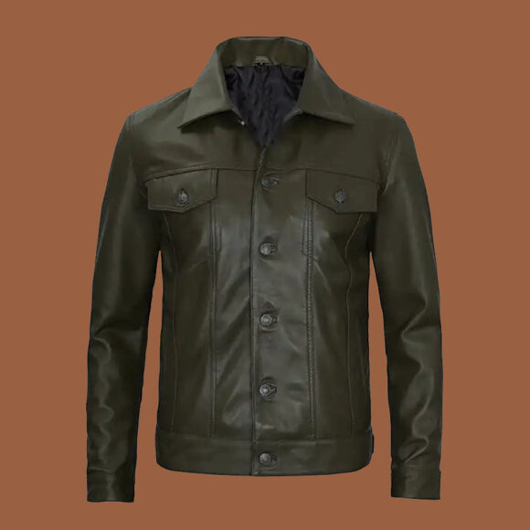 Men's Olive Green Real Leather Trucker Jacket