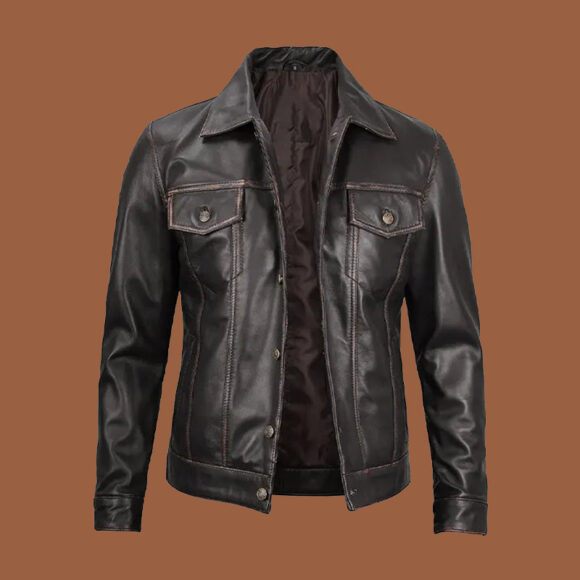 Men's Dark Brown Leather Trucker Jacket