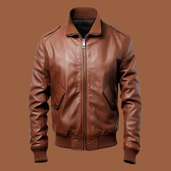 Men's Brown Slim Fit Bomber Leather Jacket