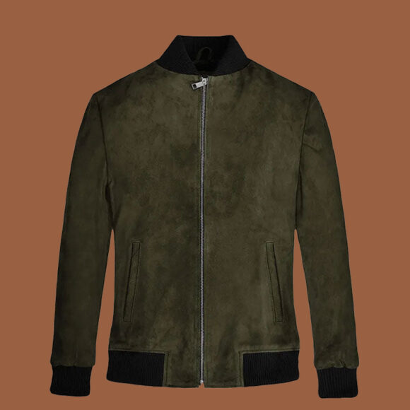 Men's Olive Green Suede Bomber Jacket