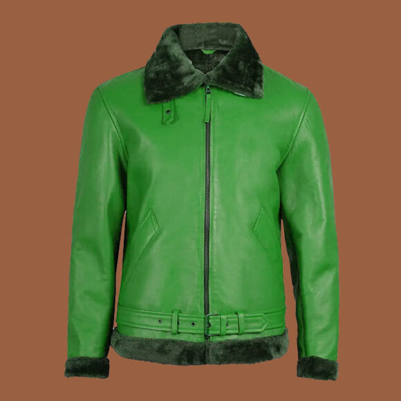 Men's Green Leather Shearling Bomber Jacket
