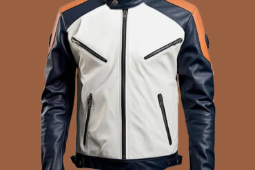 Men’s White Blue Leather Jacket by BFI Leathers