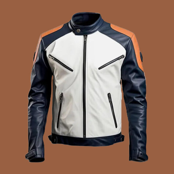 Men’s White Blue Leather Jacket by BFI Leathers