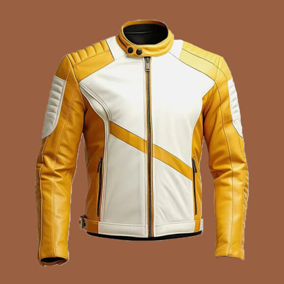 Men’s Yellow White Leather Jacket by BFI Leathers