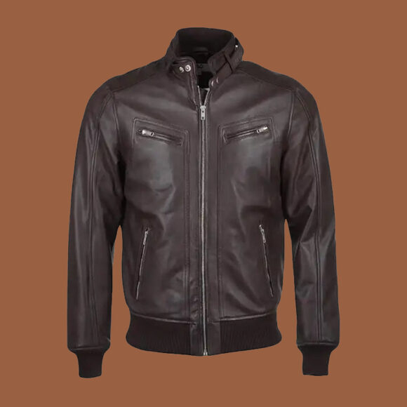 Men’s Snap Double Button Collar Brown Leather Bomber Jacket