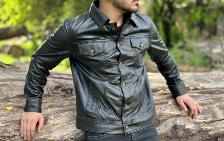 Trucker leather jacket with rugged design and timeless American style
