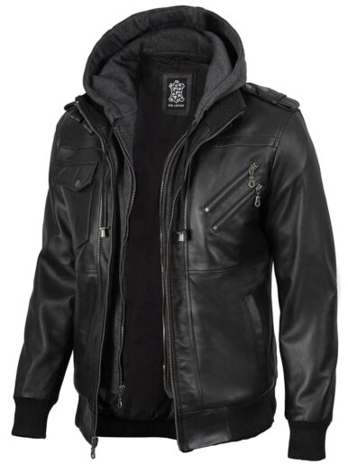 Premium men’s hooded leather jacket by BFI Leathers for stylish and comfortable wear