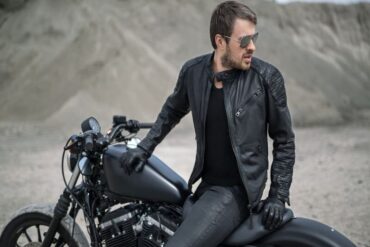 Men wearing BFI Leathers biker and racer leather jackets in stylish black leather