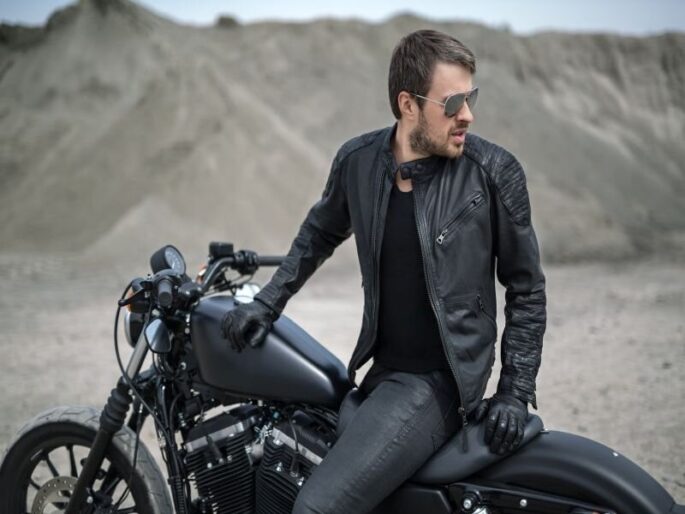 Men wearing BFI Leathers biker and racer leather jackets in stylish black leather